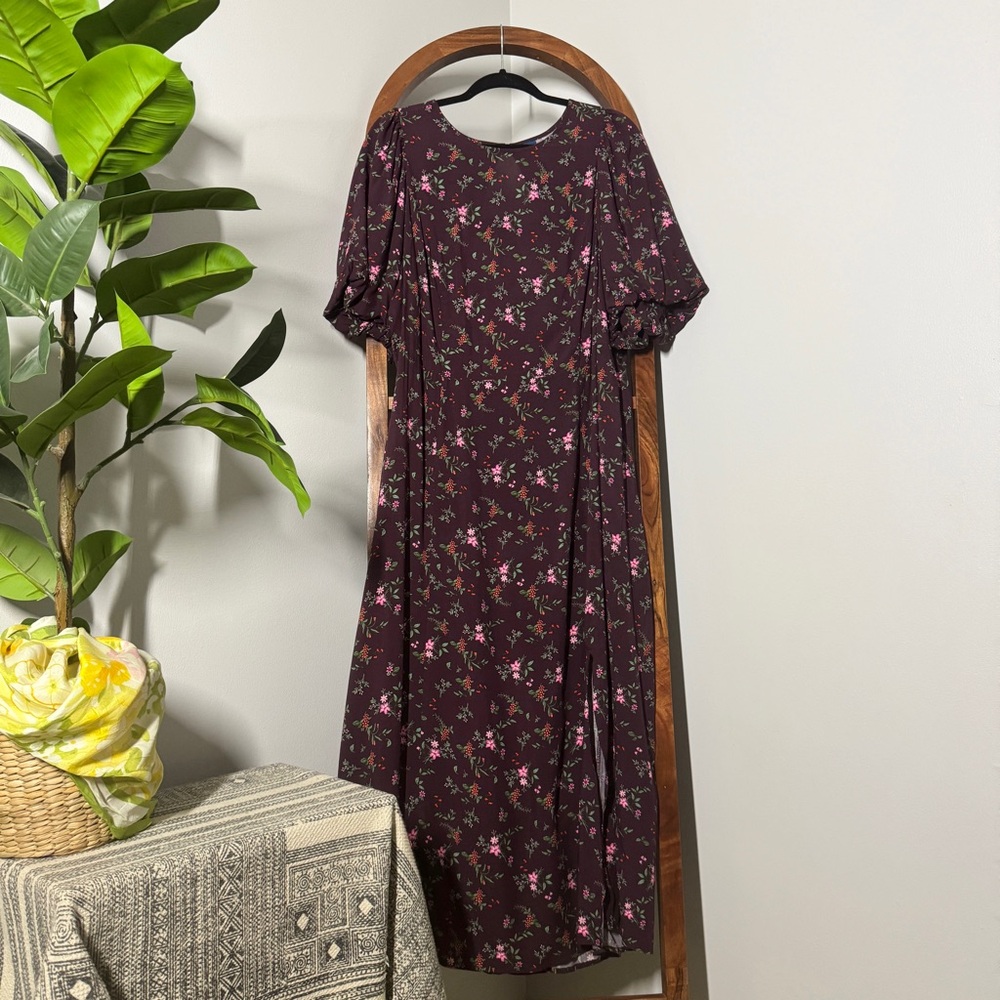 Old Navy 2X Burgundy Floral Puff Sleeve Side Slit Cut Out Back Maxi Dress
